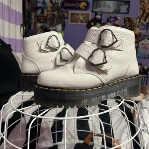 Dr. Martens White Platform Shoes with Heart Buckles